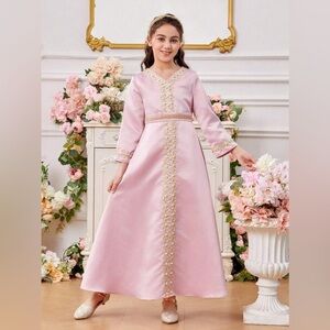 8-9 year old pink kid girl kaftan dress / vintage dress